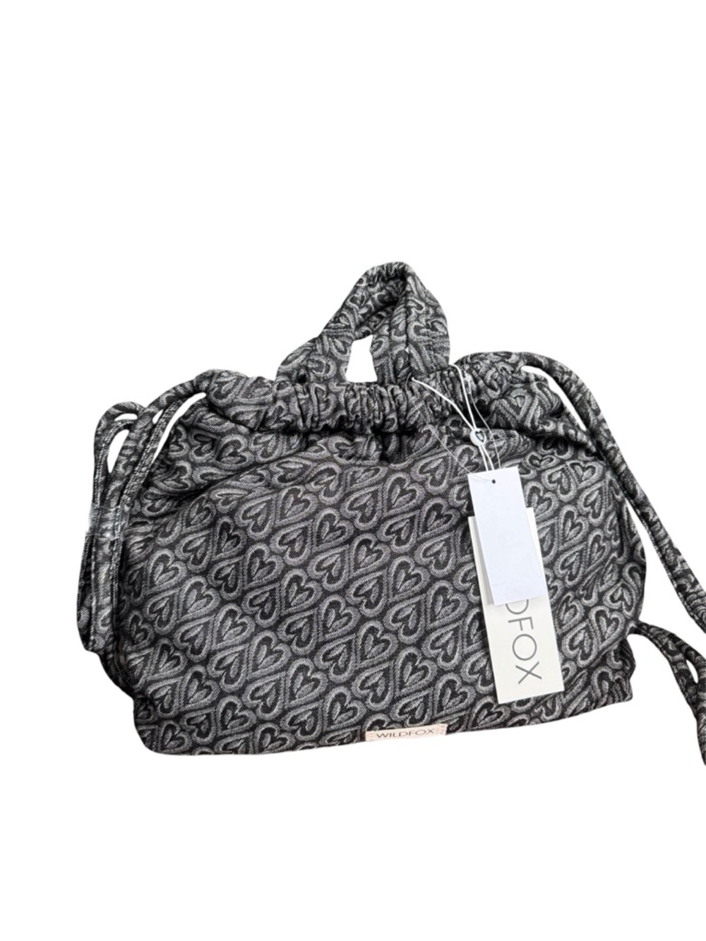 Wildfox Gray Heart-Print Drawstring Shoulder Bag